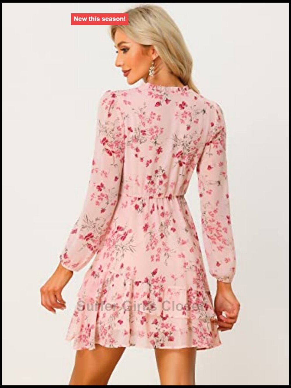Allegra K Floral Chiffon Tiered Mini Dress V-Neck Puff Sleeve Ruffle Hem - Picture 6 of 7